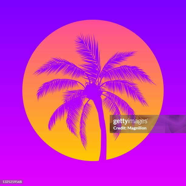 orange sun with palm tree, purple sky - sunset beach party stock illustrations