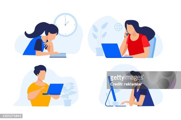 stockillustraties, clipart, cartoons en iconen met people studying at home. drawing of a person listening or working on technological tools. students watching lecture on laptop. vector of woman talking on the phone. home office is working. remote work and distance education vectors. - computer