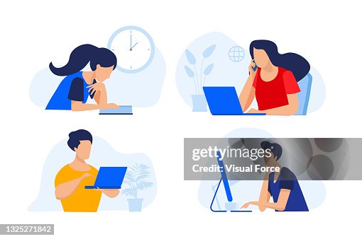 People studying at home. Drawing of a person listening or working on technological tools. Students watching lecture on laptop. Vector of woman talking on the phone. Home office is working. Remote work and distance education vectors. People studying at home. Drawing of a person listening or working on technological tools. Students watching lecture on laptop. Vector of woman talking on the phone. Home office is working. Remote work and distance education vectors.