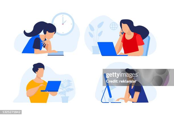 people studying at home. drawing of a person listening or working on technological tools. students watching lecture on laptop. vector of woman talking on the phone. home office is working. remote work and distance education vectors. - student studying computer stock illustrations