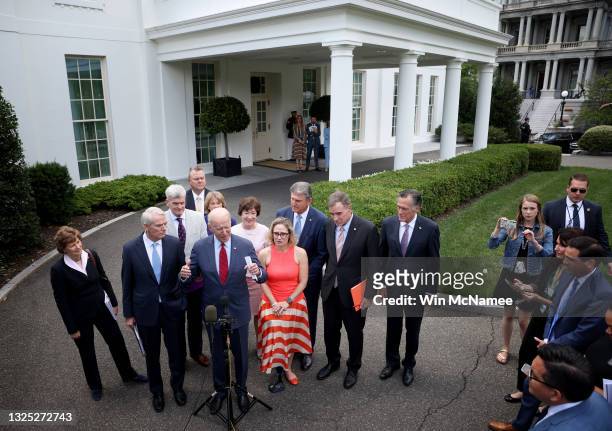President Joe Biden speaks outside the White House with a bipartisan group of senators after meeting on an infrastructure deal June 24, 2021 in...