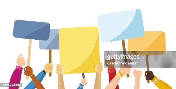 crowd of protesters holding banners in their hands protest. a group of human hands in motion symbolizes strength. a group of people of different colors take action. having black and white hands shows that there is no discrimination in this vector. - participant stock illustrations