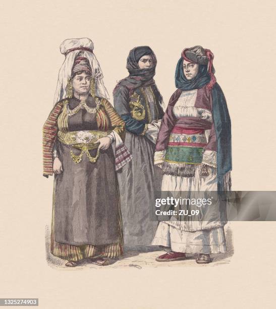 stockillustraties, clipart, cartoons en iconen met 19th century, turkish costumes, hand-colored wood engraving, published ca. 1880 - ottomaanse-rijk