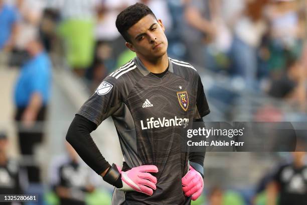 David Ochoa of Real Salt Lake reacts after giving up a goal to Cristian Roldan of Seattle Sounders during the second half to give them a 1-0 lead at...