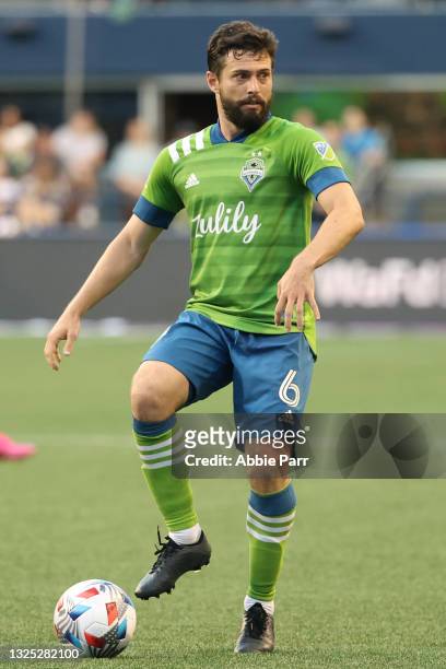 Joao Paulo of Seattle Sounders controls the ball during the second half against Real Salt Lake at Lumen Field on June 23, 2021 in Seattle, Washington.