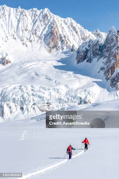 backcountry skiers climb snowy canadian rockies - telemark skiing stockfoto's en -beelden