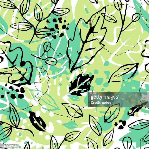 seamless hand drawn nature leaves pattern background - paper-scroll-sketch stock illustrations