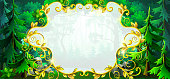 Gold frame and field for text on a forest background with trees, bushes and flowers.