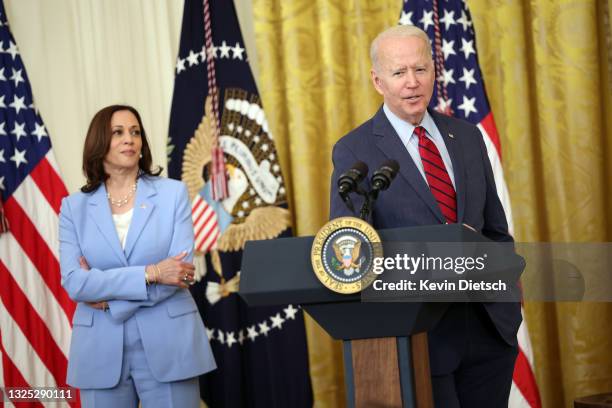 President Joe Biden delivers remarks alongside Vice President Kamala Harris on the Senate's bipartisan infrastructure deal at the White House on June...