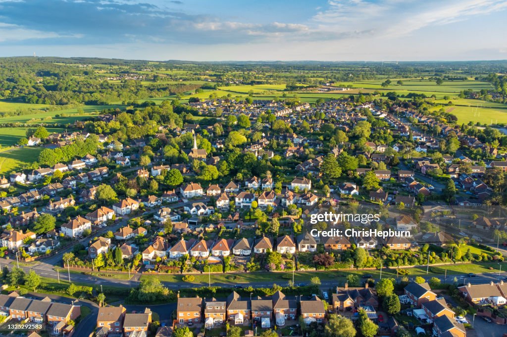 Aerial view of UK village in summer, Staffordshire, England