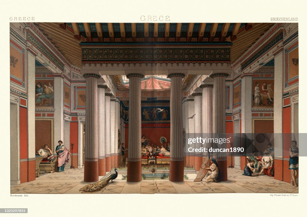 Interior of Rich Athenian House, Ancient Greece, antichamber, Greek columns