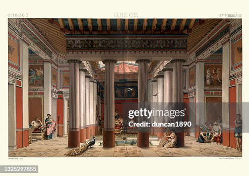 Interior of Rich Athenian House, Ancient Greece, antichamber, Greek columns Interior of Rich Athenian House, Ancient Greece, antichamber, Greek columns