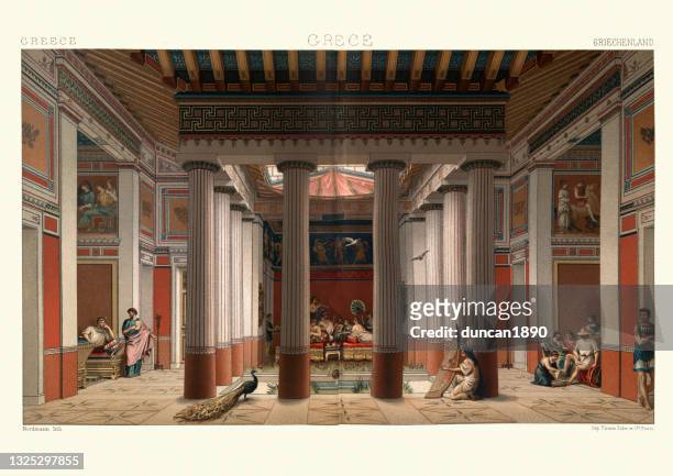 interior of rich athenian house, ancient greece, antichamber, greek columns - ancient greece stock illustrations