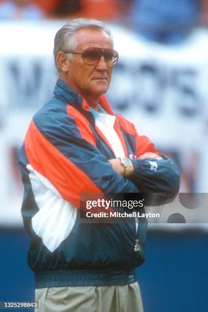 Head coach Don Shula of the Miami Dolphins looks on before a NFL football game against the Kansas City Chiefs on October 31, 1993 at Joe Robbie...