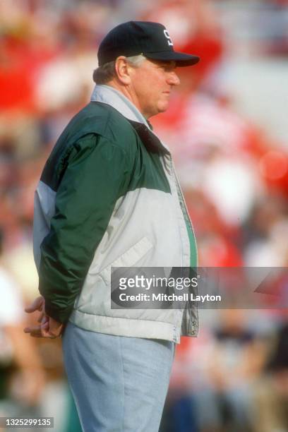 Head coach George Perles of the Michigan State Spartans looks on before a college football game against the Ohio State Buckeyes on October 31, 1989...
