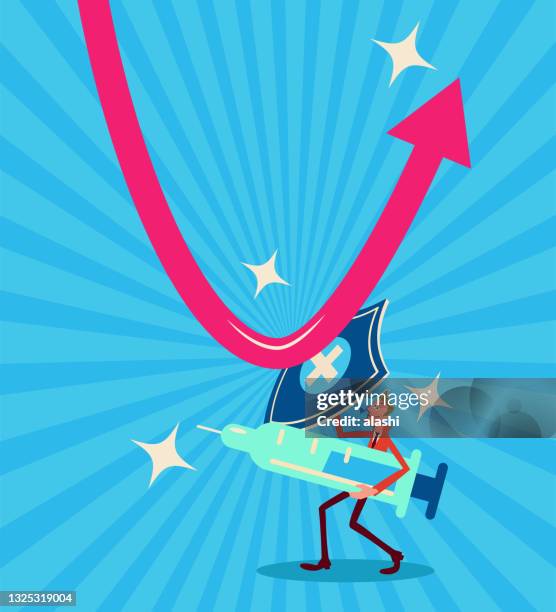 covid-19 vaccine achieves a v-shaped economic recovery, a businessman holds a big syringe and shield to fight against coronavirus - biotechnology investment stock illustrations