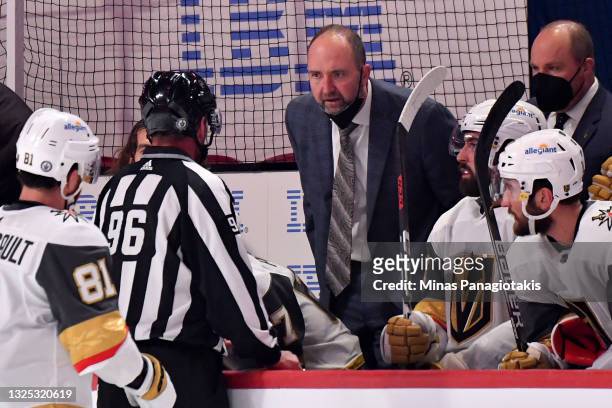 Head Coach Peter DeBoer of the Vegas Golden Knights talks during Game Six of the Stanley Cup Semifinals against the Montreal Canadiens in the 2021...