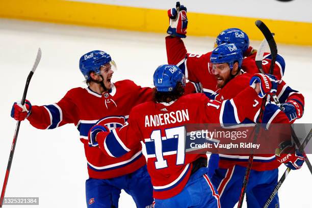 Shea Weber of the Montreal Canadiens celebrates with his teammates after scoring a goal on Robin Lehner of the Vegas Golden Knights during the first...