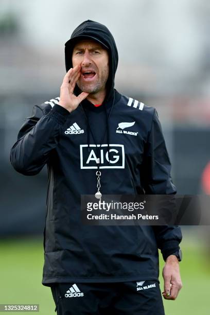 Strength and conditioning coach Nic Gill runs through drills during a New Zealand All Blacks training session at Bruce Pulman Park on June 25, 2021...