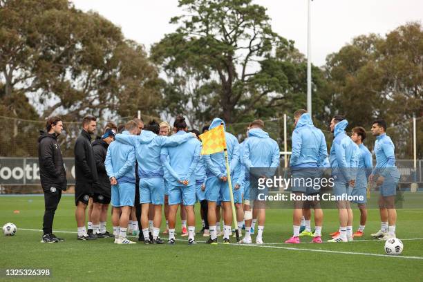 Melbourne City coach, Patrick Kisnorbo speaks to the players during a Melbourne City A-League media opportunity at City Football Academy on June 25,...