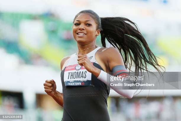 Gabby Thomas reacts after competing in the first round of the Women's 200 Meter Dash on day seven of the 2020 U.S. Olympic Track & Field Team Trials...