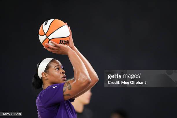 Center Kia Vaughn of the Phoenix Mercury warms up before the game against the Los Angeles Sparks at Los Angeles Convention Center on June 16, 2021 in...