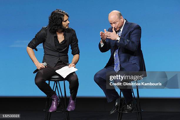 Actor/comedian Russell Brand and Dr. John Hagelin speak during the 2nd Annual ""Change Begins Within"" benefit celebration presented by the David...