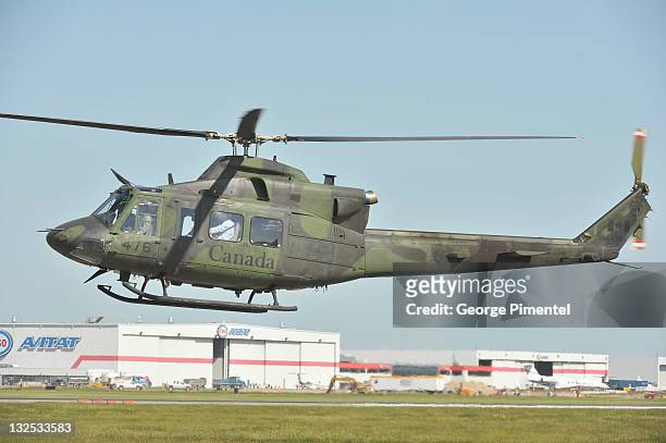 General view of the helicopter carrying Prince William, Duke of Cambridge and Catherine, Duchess of Cambridge at the Calgary International Airport on...
