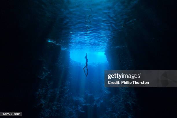 diver swimming in underwater cave towards the light at ocean's surface - onder water stockfoto's en -beelden