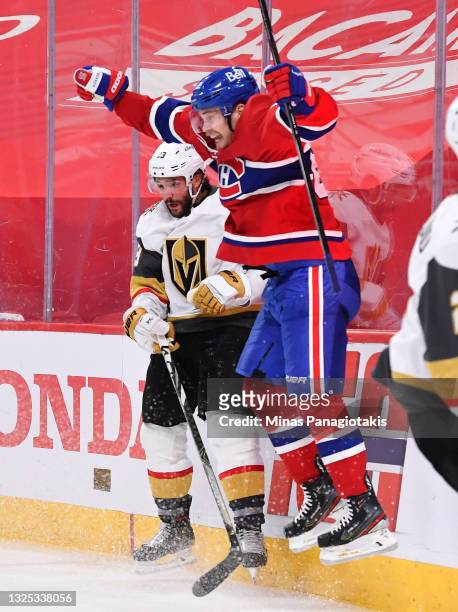 Artturi Lehkonen of the Montreal Canadiens celebrates after scoring the game-winning goal against the Vegas Golden Knights during the first overtime...