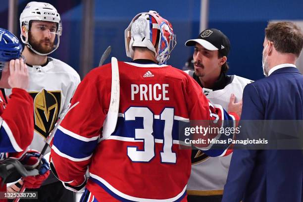 Carey Price of the Montreal Canadiens and Marc-Andre Fleury of the Vegas Golden Knights shake hands following the Canadians 3-2 overtime win in Game...