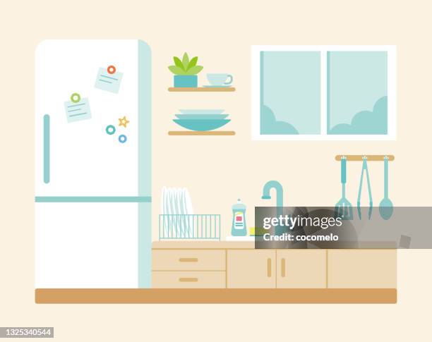 ilustrações de stock, clip art, desenhos animados e ícones de kitchen with furniture and utensils. - detergente da louça