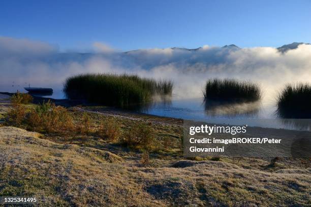 ground frost and morning fog over the lake, laguna piuray, near chinchero, urubamba province, peru - piuray lake stock pictures, royalty-free photos & images