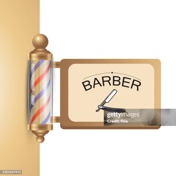 realistic old fashioned vintage golden and glass barber shop pole with barber sign. - barber pole stock illustrations