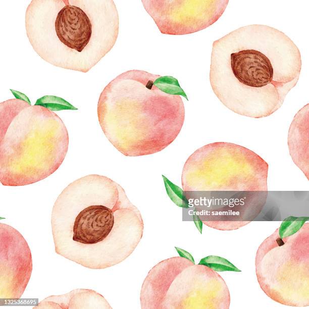 stockillustraties, clipart, cartoons en iconen met watercolor peaches seamless pattern - perzikkleurig