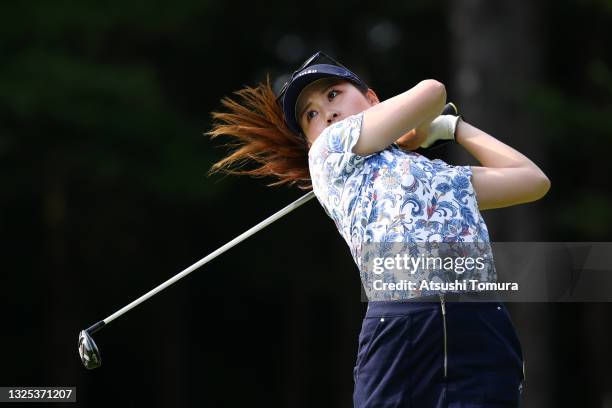 Yuna Nishimura of Japan hits her tee shot on the 9th hole during the second round of the Earth Mondamin Cup at Camellia Hills Country Club on June...