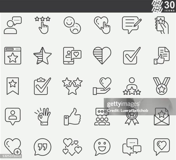 ilustraciones, imágenes clip art, dibujos animados e iconos de stock de iconos de línea de testimonios - satisfacción