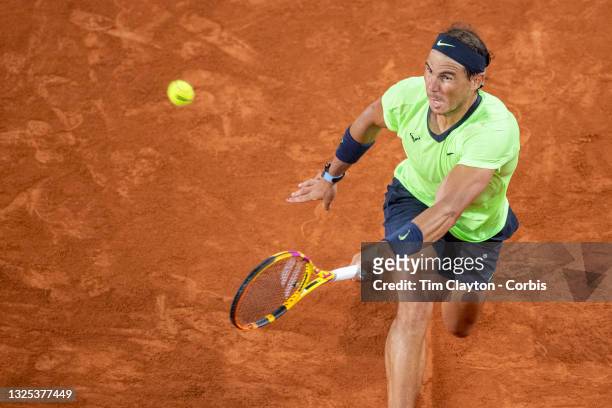 June 11. Rafael Nadal of Spain in action against Novak Djokovic of Serbia on Court Philippe-Chatrier during the semi finals of the singles...
