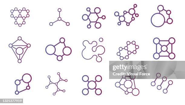 stockillustraties, clipart, cartoons en iconen met science & technology themed flat design style icon set. science symbols and formulas and laboratory elements collection vector illustration set, white background. - moleculaire structuur