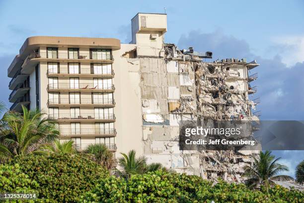 Damage caused by the partial collapse of the Champlain Towers condominium building, Surfside, Miami Beach, Florida.