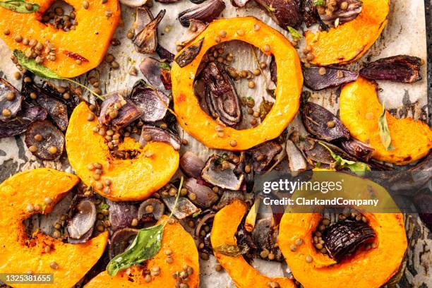 calabaza de mantequilla al horno con lentejas - squash vegetable fotografías e imágenes de stock