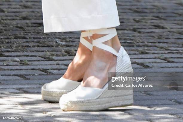 Queen Letizia of Spain, shoe detail, during a visit to a traditional Students Residence on June 25, 2021 in Madrid, Spain.