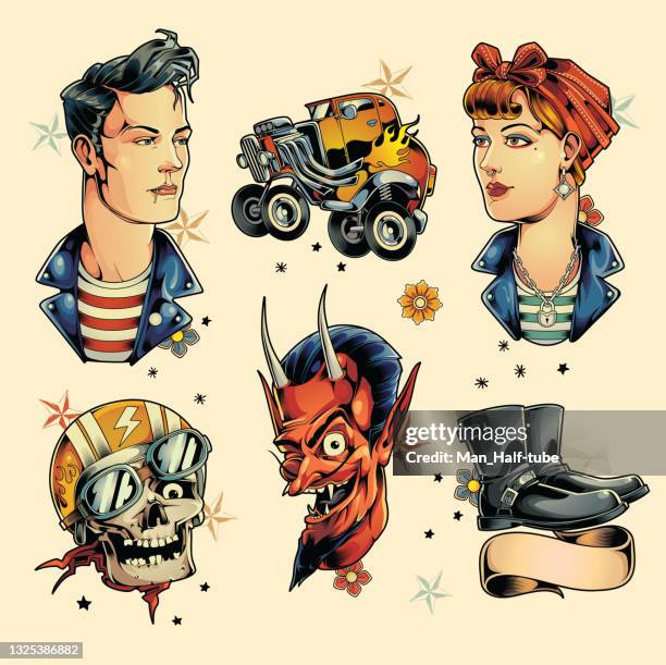 rockabilly old school style tattoo set - vintage pin up girl stock illustrations