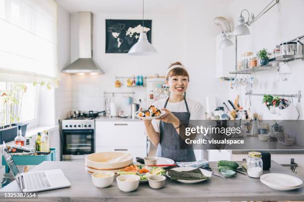 japanese food  vlogger speaking with her audience - broadcasting house stock pictures, royalty-free photos & images