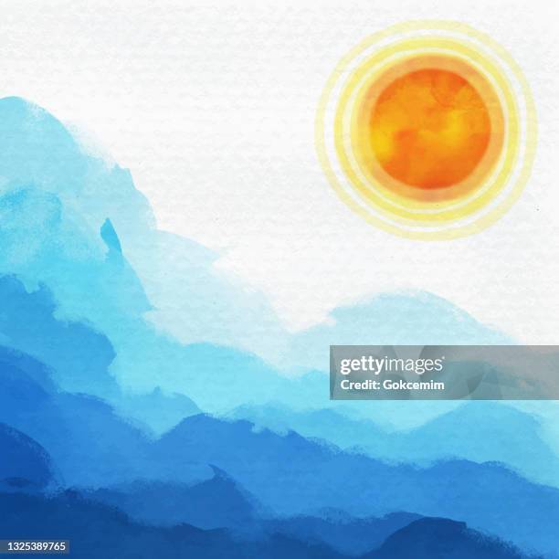 stockillustraties, clipart, cartoons en iconen met blue and turquoise watercolor waves and shining sun on white textured paper background. border of hues of blue paint splashing droplets. watercolor strokes design element. blue colored hand painted abstract texture. - dye