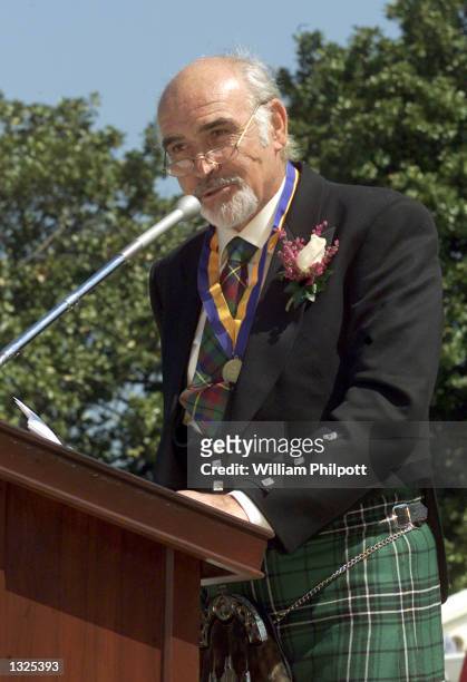 Actor Sean Connery speaks after accepting the William Wallace Award April 5, 2001 on the steps of the Capitol building in Washington, DC. This is the...