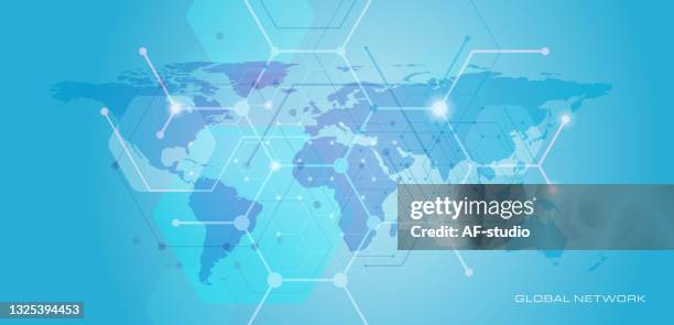 abstract hexagonal blockchain network background. global network - world map background stock illustrations