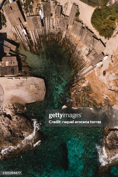 drone view of the cove of es calo de sant agusti - formentera stock pictures, royalty-free photos & images