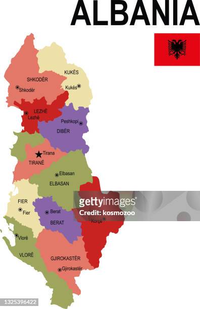 ilustrações, clipart, desenhos animados e ícones de mapa plano colorido da albânia com bandeira - albânia