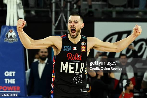 Chris Goulding of Melbourne United celebrates victory during game three of the NBL Grand Final Series between Melbourne United and the Perth Wildcats...